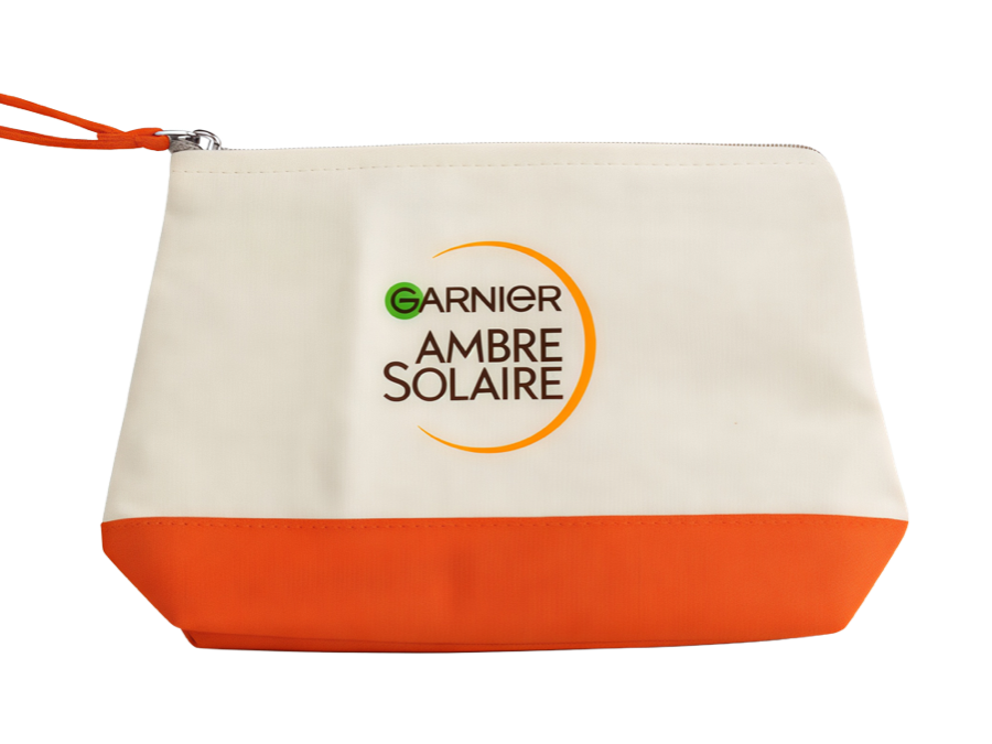 printed colour-block cosmetic pouch production sample